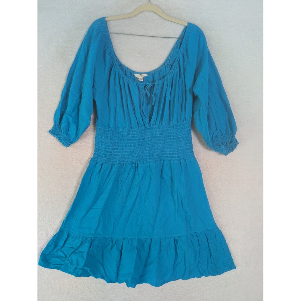 Boston Proper Dress Women's Large Blue Smocked Waist Boho Puff Sleeve Mini